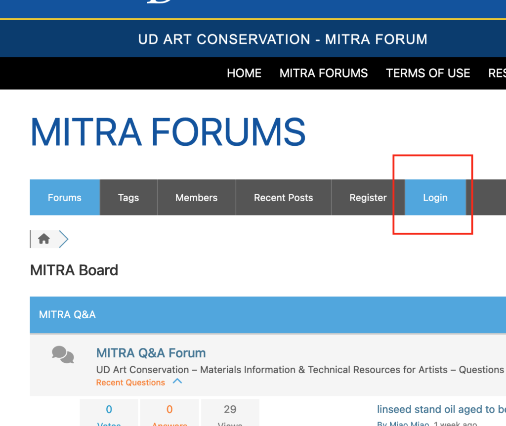 MITRA Forum Menu with Login Button Highlighted