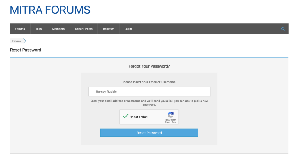 MITRA Forum - Represetation of the "Forgot your password?" page