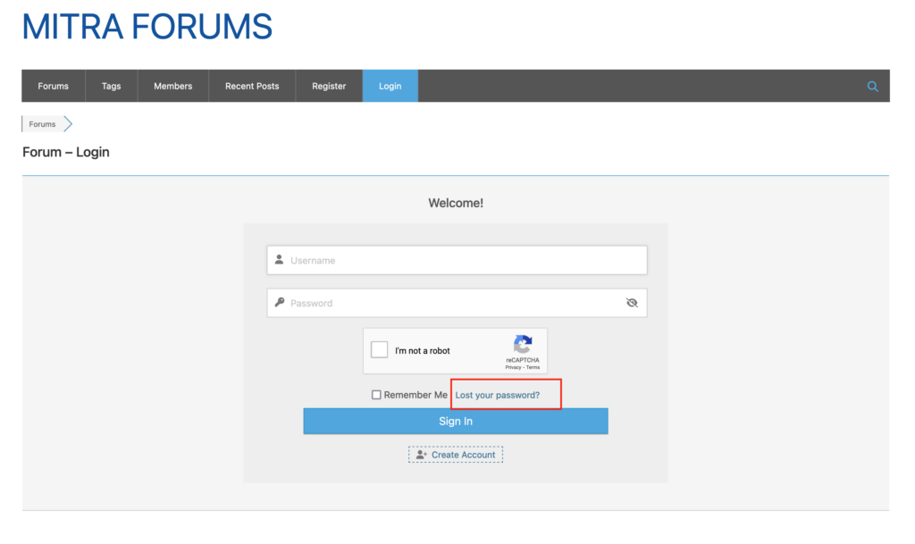 MITRA Forum Login page with the "Lost Your Password?" link highlighted