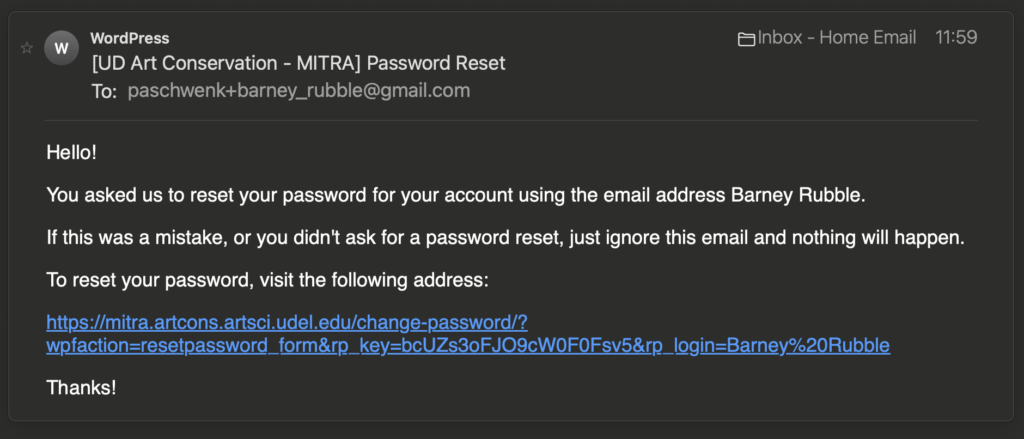 Example Password Reset email from the MITRA Forums