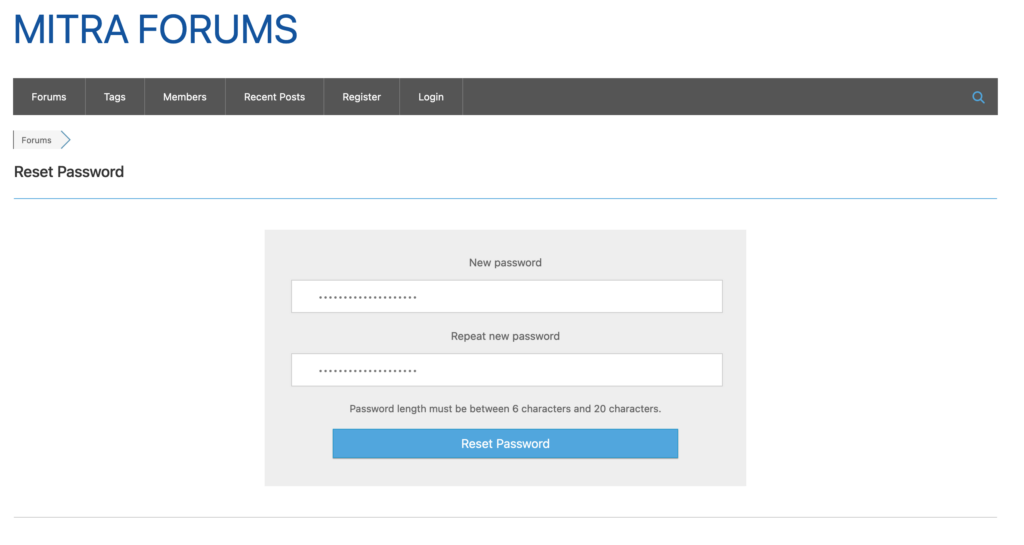 Example MITRA Forum Password Reset page