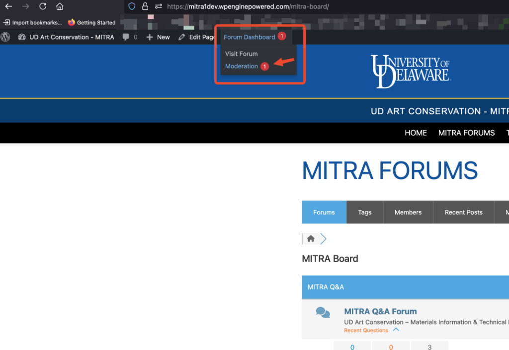 Screen shot of the MITRA forum system showing the Forum Dashboard menu and the Moderation option within